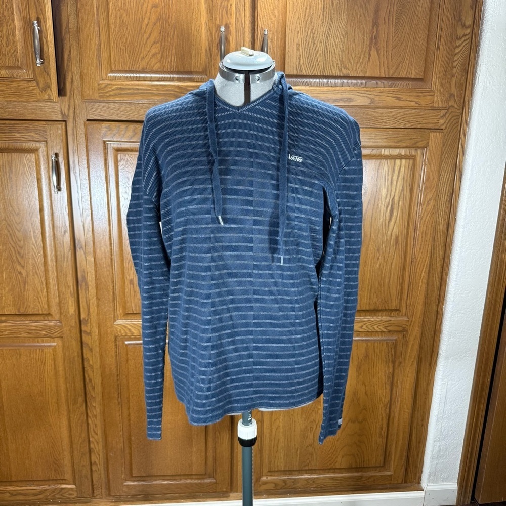 Vans Mens Large Blue Striped Ribbed Knit Long Sleeve Hooded Shirt Pullover